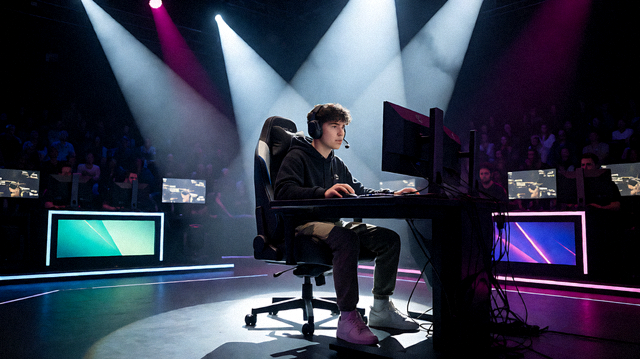 电竞比赛舞台灯光与选手对战区域